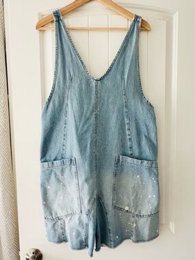 Free People We The Free High Roller Denim Shortalls Paint Splatter Small